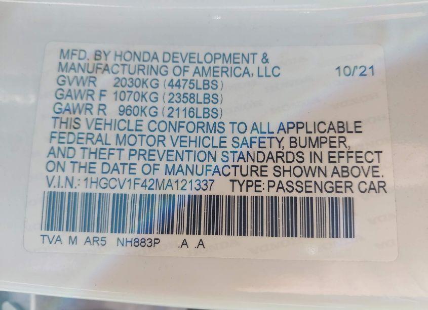 Photo 9 of 2021 Honda Accord SPORT SPECIAL EDITION (VIN 1HGCV1F42MA121337)