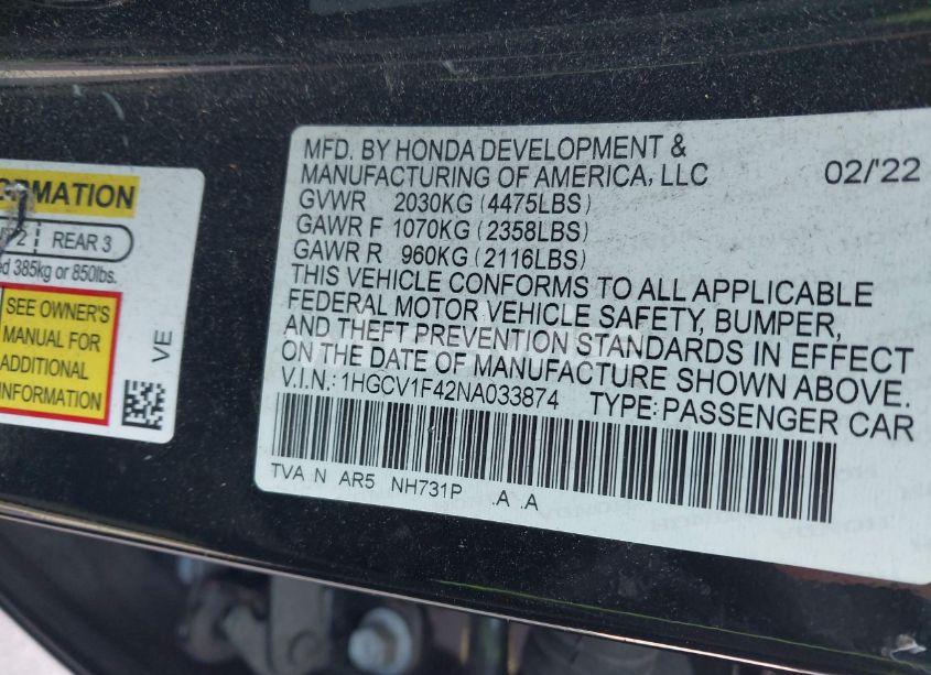 Photo 9 of 2022 Honda Accord SPORT SPECIAL EDITION (VIN 1HGCV1F42NA033874)