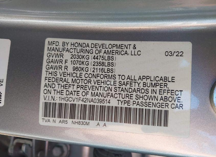 Photo 9 of 2022 Honda Accord SPORT SPECIAL EDITION (VIN 1HGCV1F42NA039514)