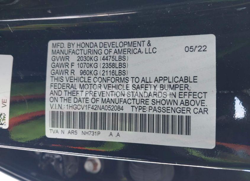 Photo 9 of 2022 Honda Accord SPORT SPECIAL EDITION (VIN 1HGCV1F42NA052084)