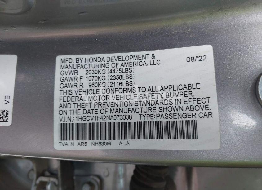 Photo 9 of 2022 Honda Accord SPORT SE (VIN 1HGCV1F42NA073338)