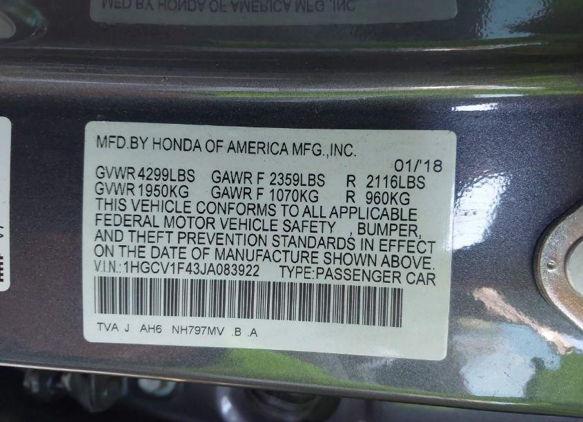 Photo 9 of 2018 Honda Accord EX (VIN 1HGCV1F43JA083922)
