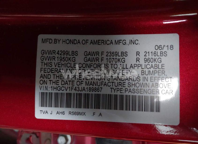 Photo 9 of 2018 Honda Accord EX (VIN 1HGCV1F43JA189867)