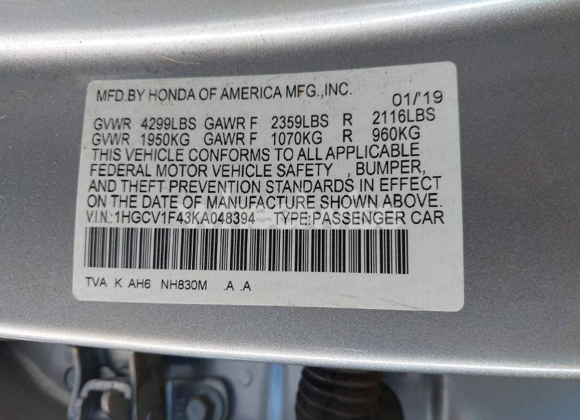 Photo 9 of 2019 Honda Accord EX (VIN 1HGCV1F43KA048394)