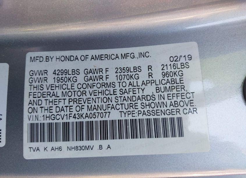 Photo 9 of 2019 Honda Accord EX (VIN 1HGCV1F43KA057077)