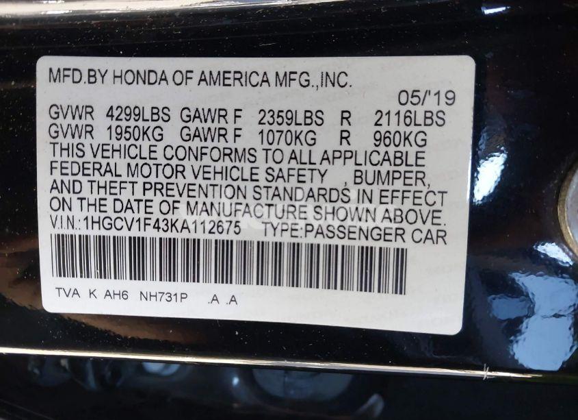 Photo 9 of 2019 Honda Accord EX (VIN 1HGCV1F43KA112675)