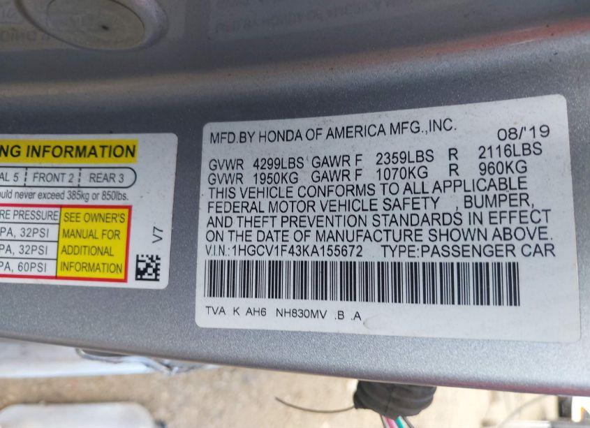 Photo 9 of 2019 Honda Accord EX (VIN 1HGCV1F43KA155672)