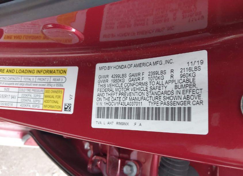 Photo 9 of 2020 Honda Accord EX (VIN 1HGCV1F43LA037011)