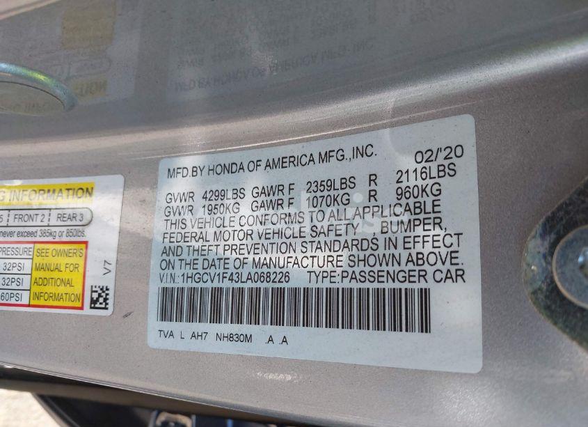 Photo 9 of 2020 Honda Accord EX (VIN 1HGCV1F43LA068226)