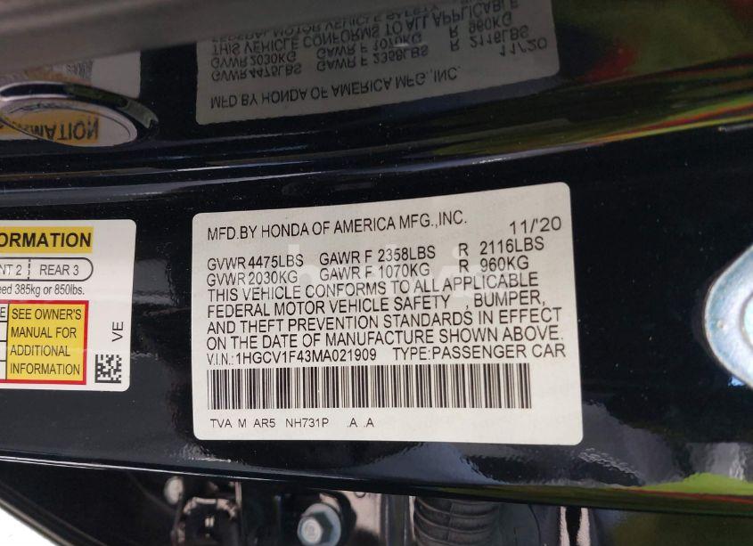 Photo 9 of 2021 Honda Accord SPORT SPECIAL EDITION (VIN 1HGCV1F43MA021909)