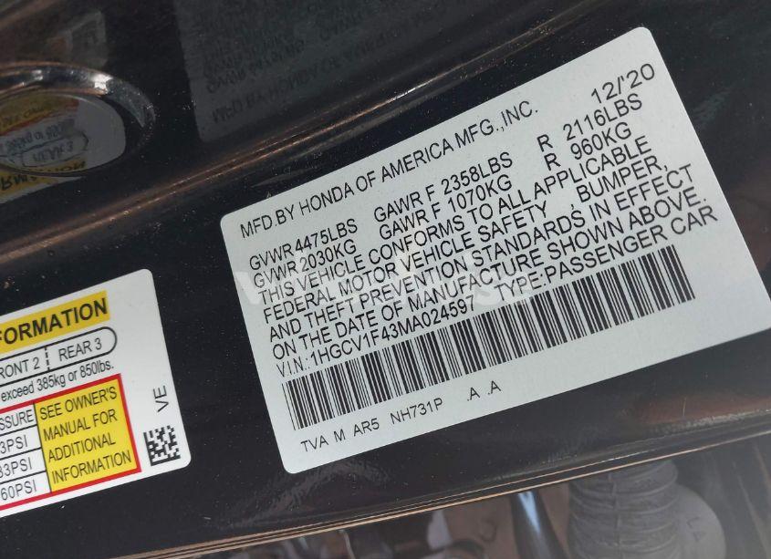 Photo 9 of 2021 Honda Accord SPORT SPECIAL EDITION (VIN 1HGCV1F43MA024597)