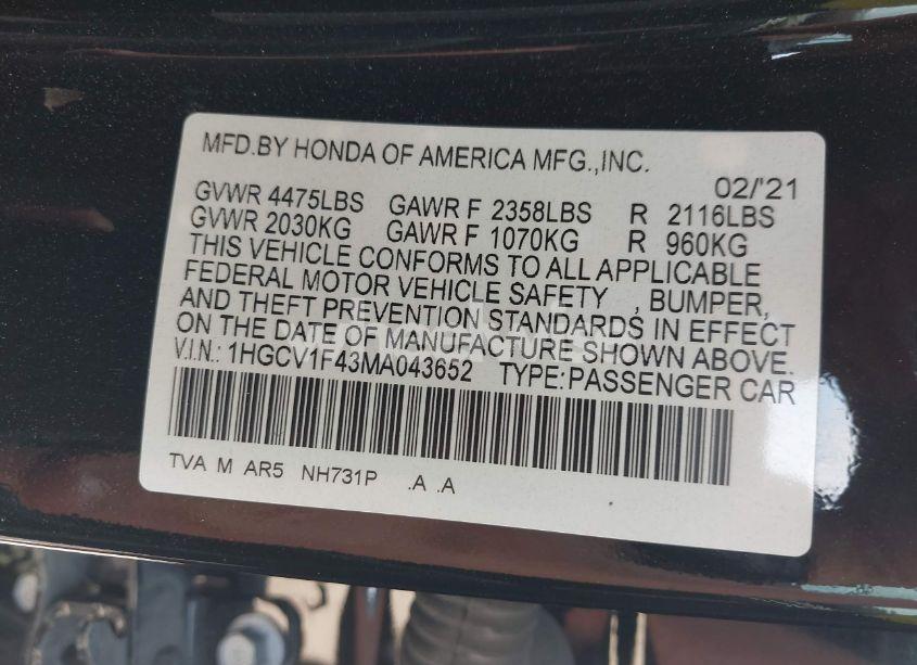 Photo 9 of 2021 Honda Accord SPORT SPECIAL EDITION (VIN 1HGCV1F43MA043652)
