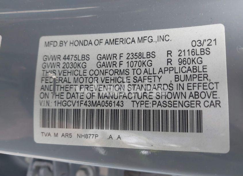 Photo 9 of 2021 Honda Accord SPORT SPECIAL EDITION (VIN 1HGCV1F43MA056143)