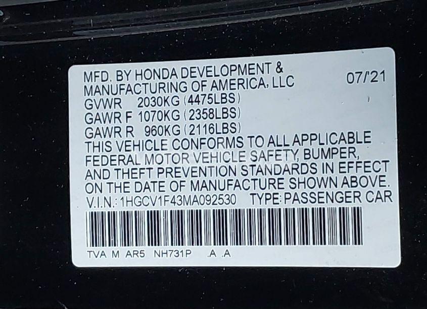Photo 9 of 2021 Honda Accord SPORT SPECIAL EDITION (VIN 1HGCV1F43MA092530)