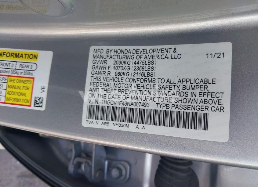 Photo 9 of 2022 Honda Accord SPORT SPECIAL EDITION (VIN 1HGCV1F43NA007493)