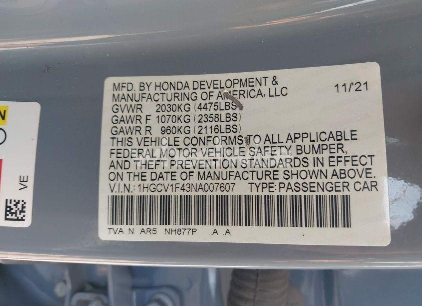 Photo 9 of 2022 Honda Accord SPORT SPECIAL EDITION (VIN 1HGCV1F43NA007607)