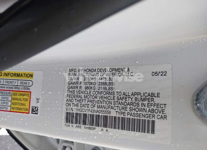 Photo 9 of 2022 Honda Accord SPORT SE (VIN 1HGCV1F43NA055558)