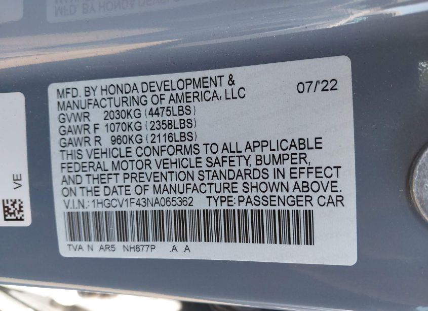 Photo 9 of 2022 Honda Accord SPORT SPECIAL EDITION (VIN 1HGCV1F43NA065362)