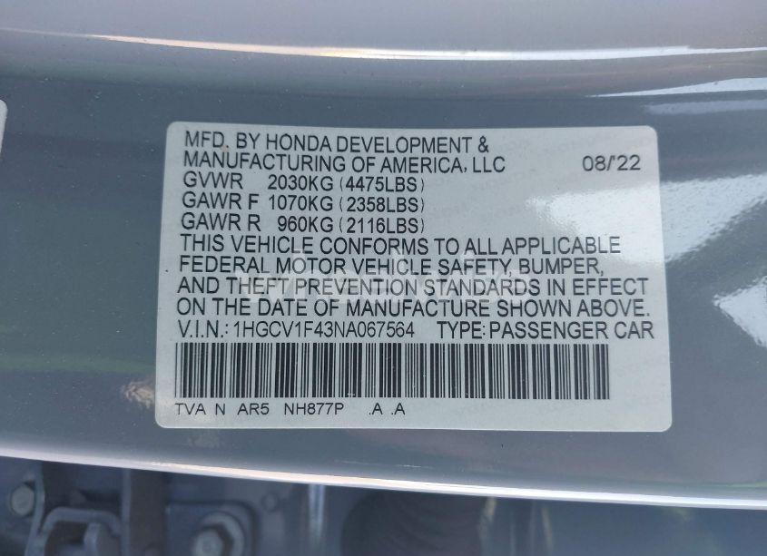 Photo 9 of 2022 Honda Accord SPORT SPECIAL EDITION (VIN 1HGCV1F43NA067564)