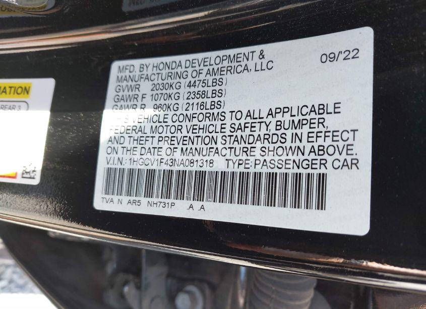 Photo 9 of 2022 Honda Accord SPORT SPECIAL EDITION (VIN 1HGCV1F43NA081318)