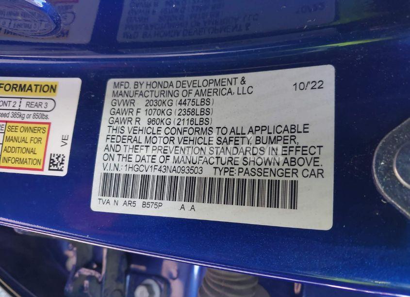 Photo 9 of 2022 Honda Accord SPORT SPECIAL EDITION (VIN 1HGCV1F43NA093503)