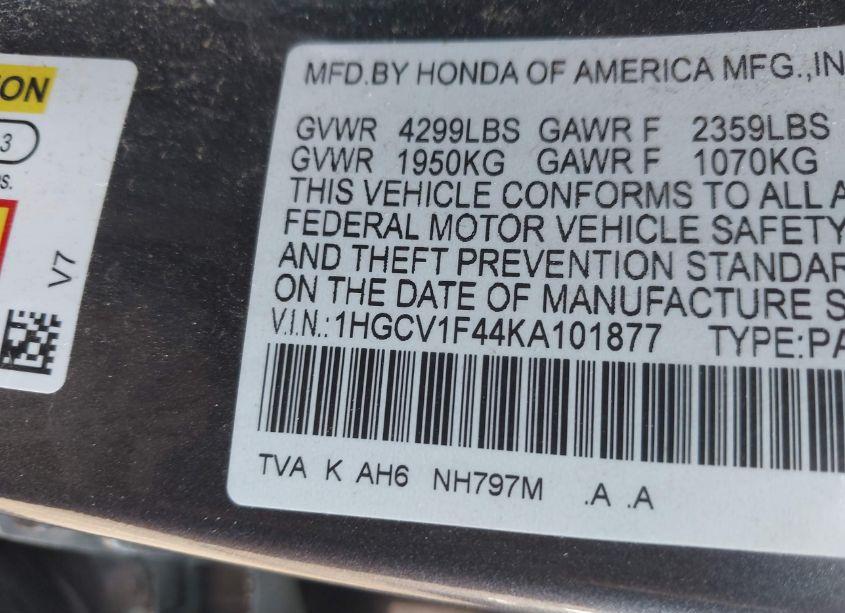 Photo 9 of 2019 Honda Accord EX (VIN 1HGCV1F44KA101877)