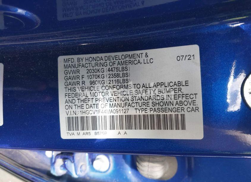 Photo 9 of 2021 Honda Accord SPORT SPECIAL EDITION (VIN 1HGCV1F44MA091127)