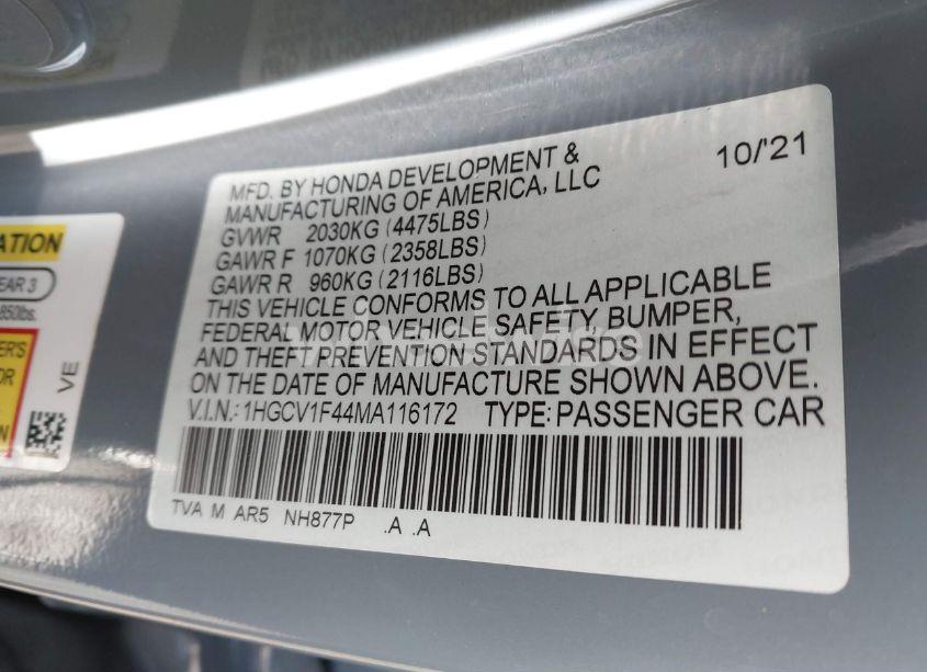 Photo 9 of 2021 Honda Accord SPORT SPECIAL EDITION (VIN 1HGCV1F44MA116172)