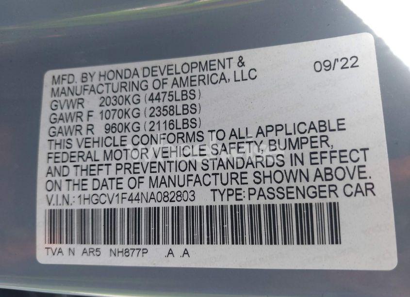 Photo 9 of 2022 Honda Accord SPORT SPECIAL EDITION (VIN 1HGCV1F44NA082803)