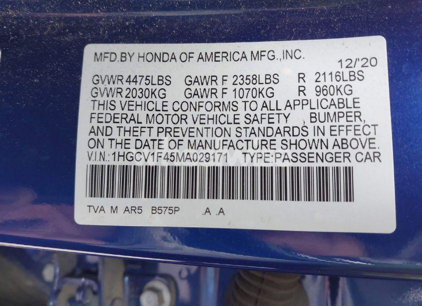 Photo 9 of 2021 Honda Accord SPORT SPECIAL EDITION (VIN 1HGCV1F45MA029171)