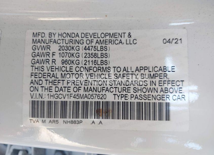 Photo 8 of 2021 Honda Accord SPORT SPECIAL EDITION (VIN 1HGCV1F45MA057620)