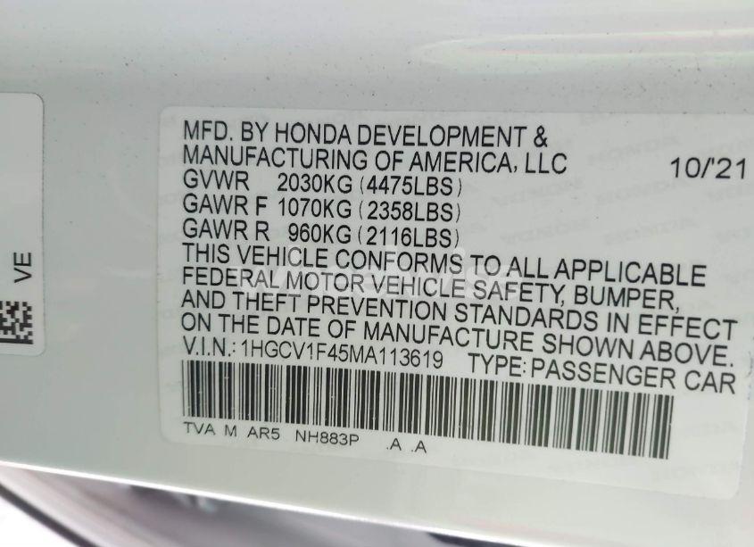 Photo 9 of 2021 Honda Accord SPORT SPECIAL EDITION (VIN 1HGCV1F45MA113619)