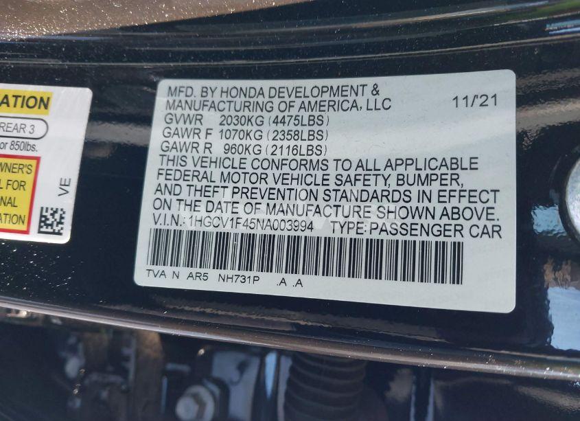 Photo 9 of 2022 Honda Accord SPORT SE (VIN 1HGCV1F45NA003994)