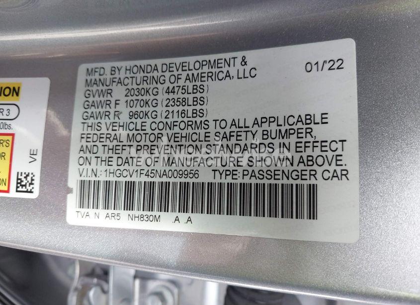 Photo 9 of 2022 Honda Accord SPORT SE (VIN 1HGCV1F45NA009956)