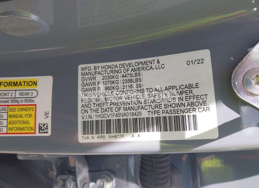 Photo 9 of 2022 Honda Accord SPORT SPECIAL EDITION (VIN 1HGCV1F45NA018429)