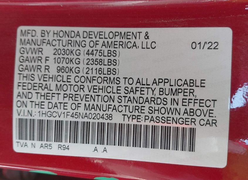 Photo 9 of 2022 Honda Accord SPORT SPECIAL EDITION (VIN 1HGCV1F45NA020438)