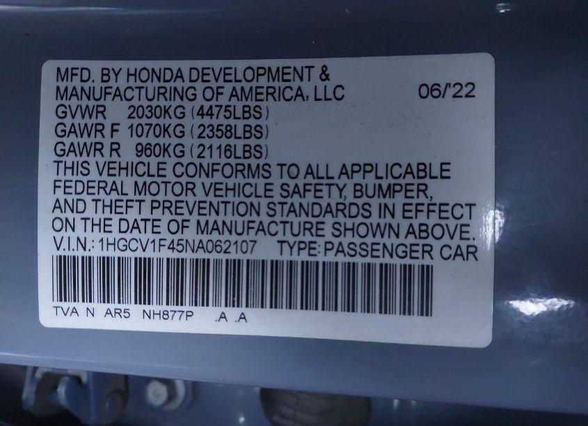 Photo 9 of 2022 Honda Accord SPORT SPECIAL EDITION (VIN 1HGCV1F45NA062107)