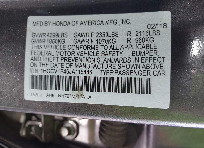 Photo 9 of 2018 Honda Accord EX (VIN 1HGCV1F46JA115486)