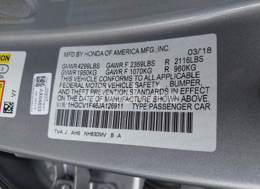 Photo 9 of 2018 Honda Accord EX (VIN 1HGCV1F46JA126911)