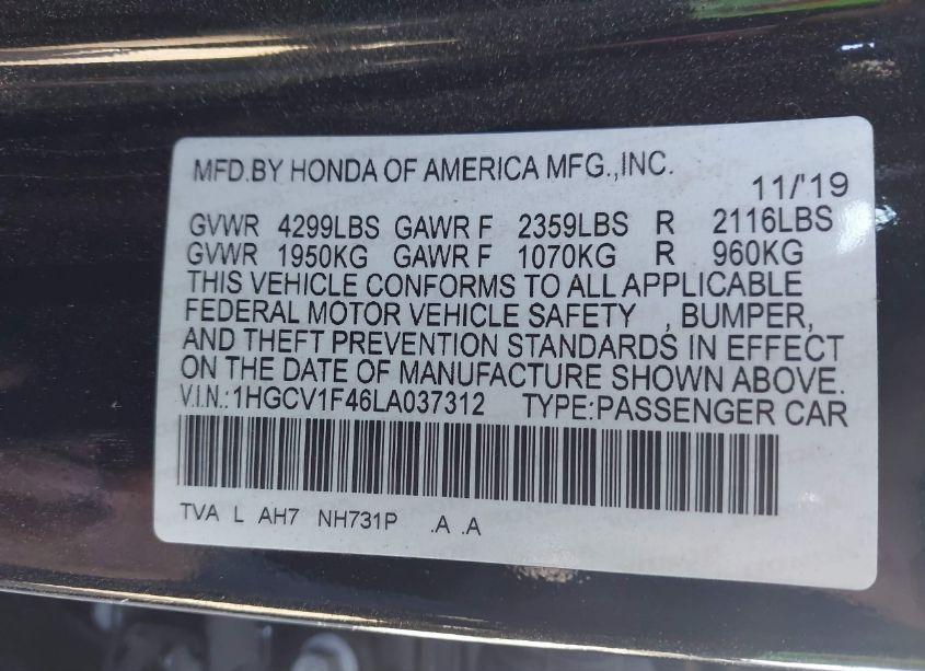 Photo 9 of 2020 Honda Accord EX (VIN 1HGCV1F46LA037312)