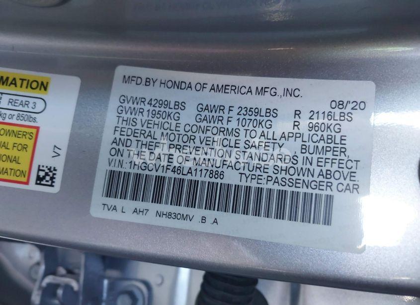 Photo 9 of 2020 Honda Accord EX (VIN 1HGCV1F46LA117886)