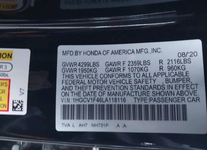 Photo 9 of 2020 Honda Accord EX (VIN 1HGCV1F46LA118116)