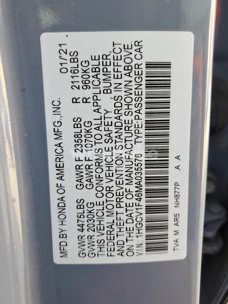 Photo 8 of 2021 HONDA ACCORD SPORT SE (VIN 1HGCV1F46MA035576)