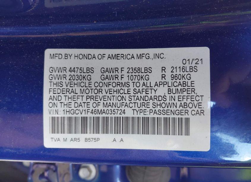 Photo 9 of 2021 Honda Accord SPORT SPECIAL EDITION (VIN 1HGCV1F46MA035724)