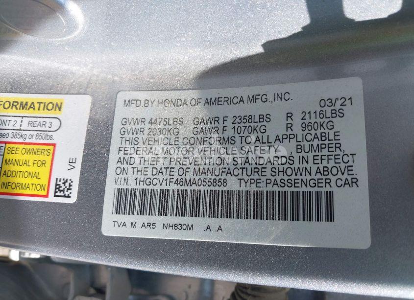 Photo 9 of 2021 Honda Accord SPORT SPECIAL EDITION (VIN 1HGCV1F46MA055858)