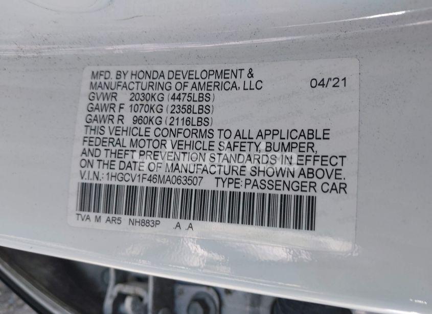 Photo 9 of 2021 Honda Accord SPORT SPECIAL EDITION (VIN 1HGCV1F46MA063507)