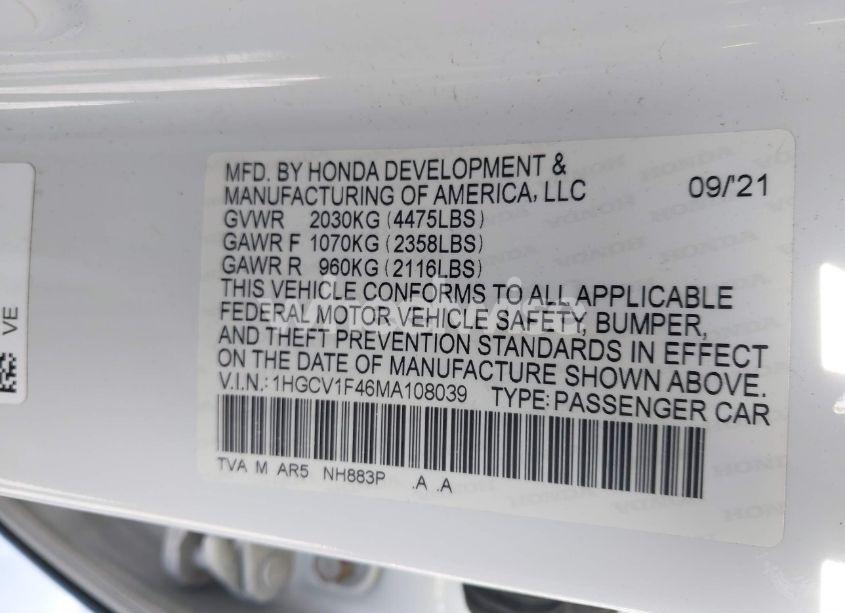 Photo 9 of 2021 Honda Accord SPORT SPECIAL EDITION (VIN 1HGCV1F46MA108039)