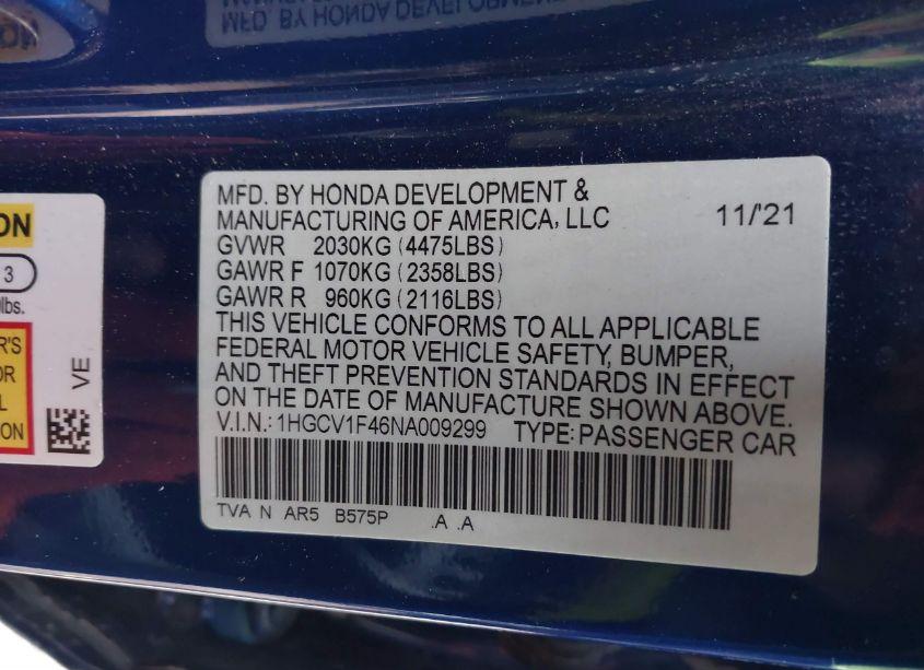 Photo 9 of 2022 Honda Accord SPORT SPECIAL EDITION (VIN 1HGCV1F46NA009299)