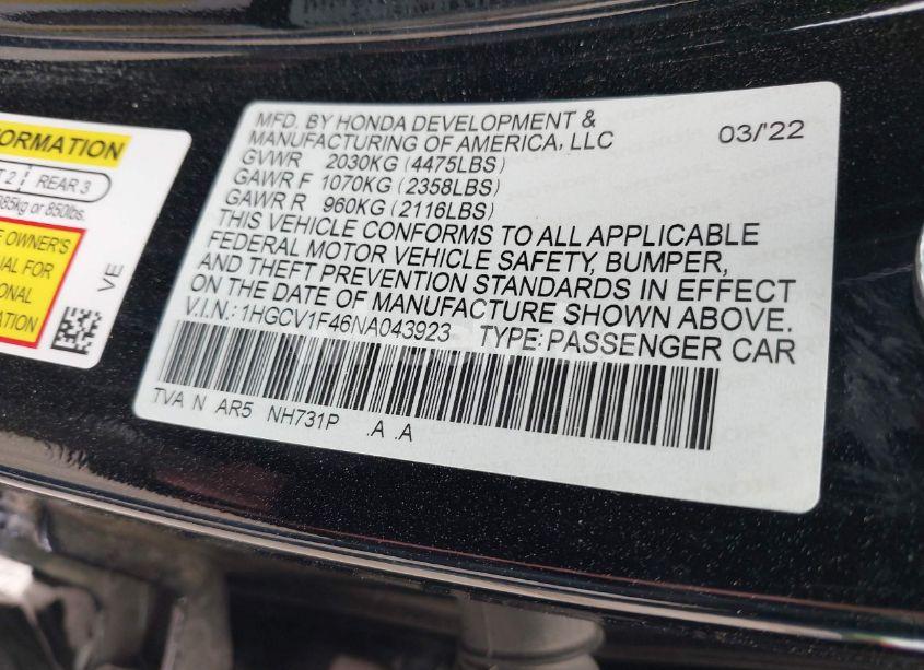 Photo 9 of 2022 Honda Accord SPORT SPECIAL EDITION (VIN 1HGCV1F46NA043923)