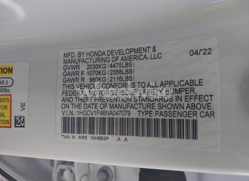 Photo 9 of 2022 Honda Accord SPORT SE (VIN 1HGCV1F46NA047079)